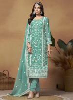 Soft Organza Sea Green Festival Wear Embroidery Work Salwar Suit